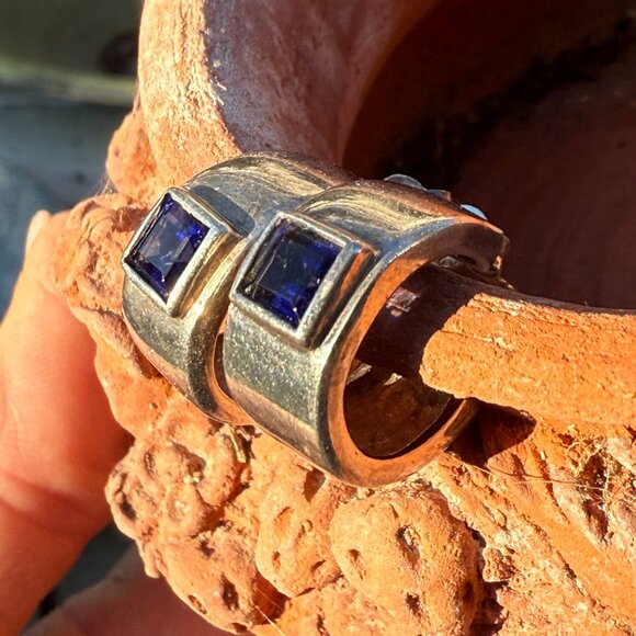 Vintage Sterling Silver & Blue CZ Hoop Pierced Earrings - Picture 3 of 10